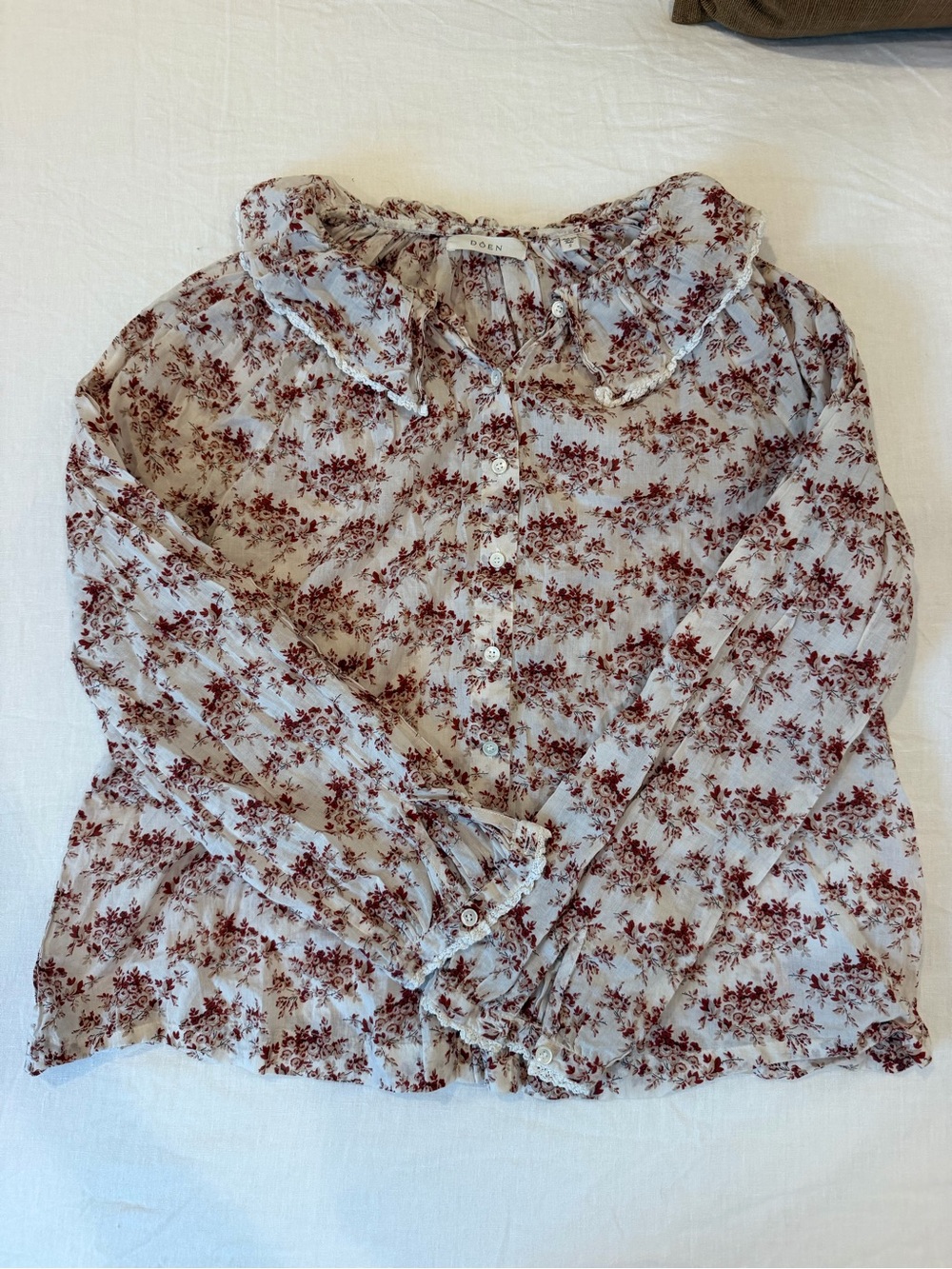 Doen Cream Blouse with Burgundy Floral Print and Ruffle Collar